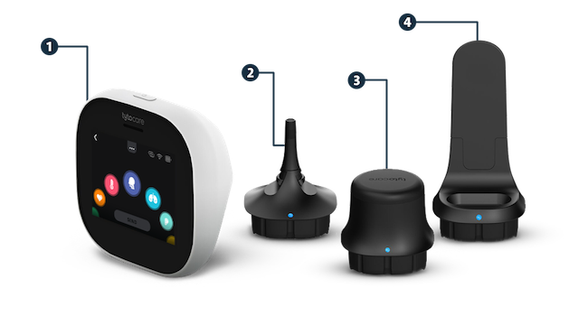 TytoCare device and attachments with numbers that correlate to the numbered list that accompanies it